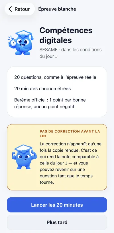 L’écran de lancement d’une épreuve blanche de compétences digitales SESAME dans l’app : 20 questions, 20 minutes, barème officiel