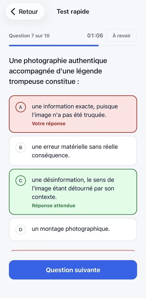 La correction d’une question de compétences digitales SESAME dans l’app : la réponse de l’élève en rouge, la réponse attendue en vert