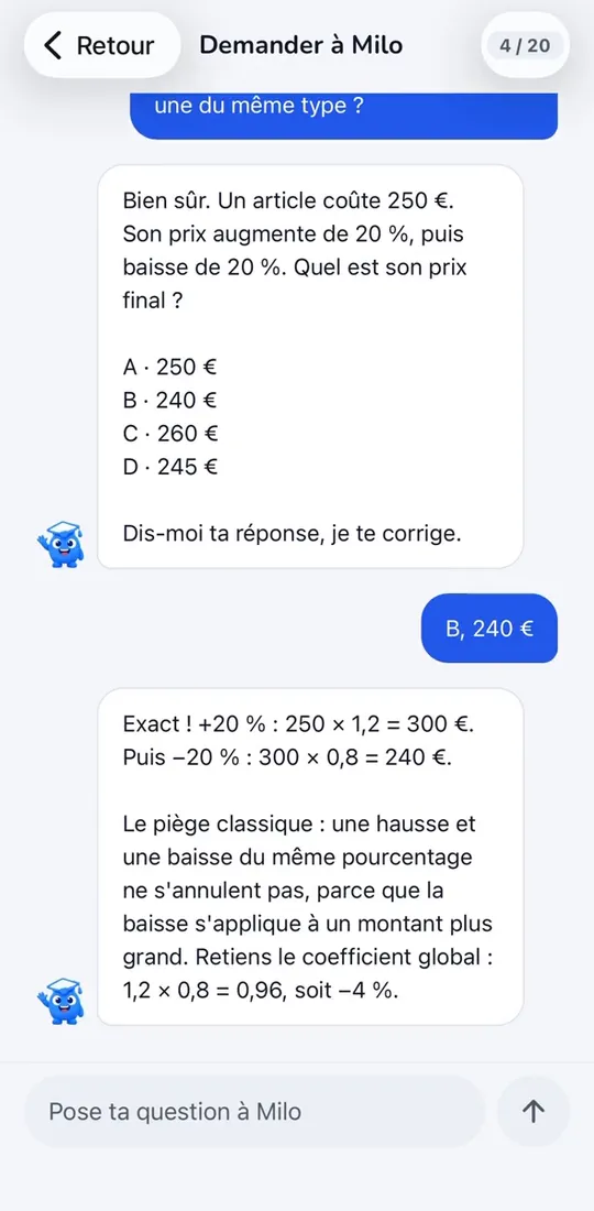 L’écran « Demander à Milo » de l’app IntegraSup : Milo pose une question de pourcentages, l’élève répond, Milo corrige et explique le piège
