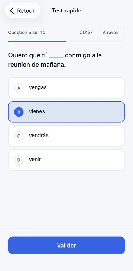 Une question de LV2 espagnol du test rapide dans l’app IntegraSup, question 5 sur 10, avec quatre propositions et le chronomètre